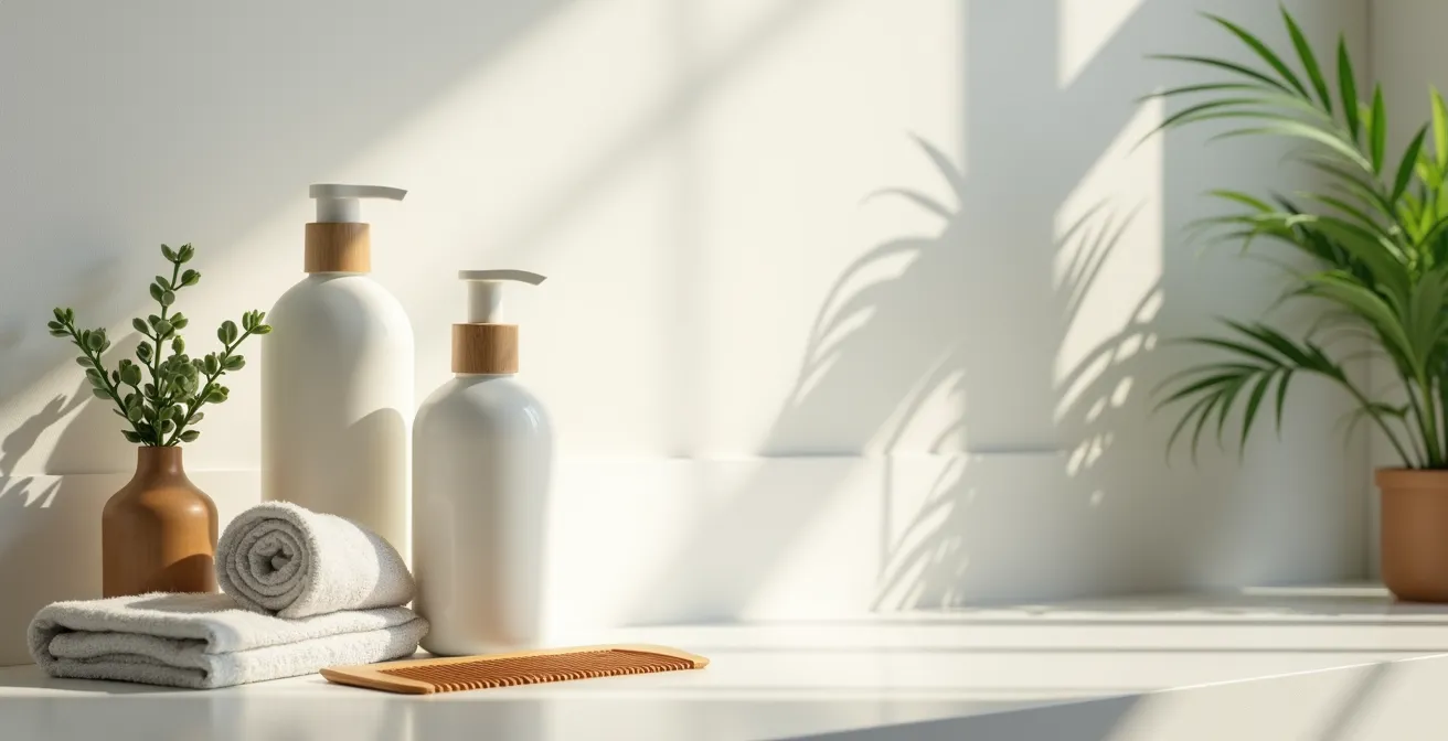 Scène minimaliste, objets du quotidien symbolisant un planning d'entretien capillaire, sans texte ni chiffre