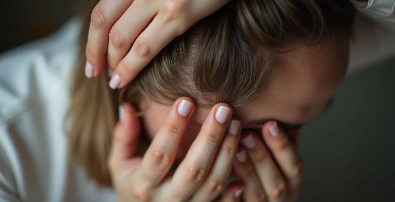 Gros plan mains touchant cuir chevelu, visage discret, lumière douce, sans texte ni marque