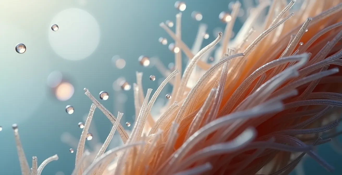 Métaphore visuelle de résidus sur fibre capillaire, style conceptuel, aucun élément lisible