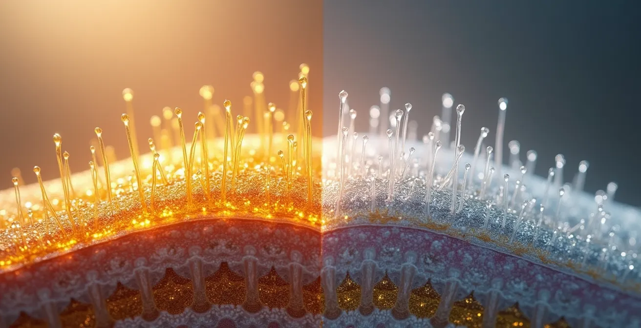 Vue en coupe de la fibre capillaire montrant les huiles végétales pénétrant profondément vs silicone restant à la surface