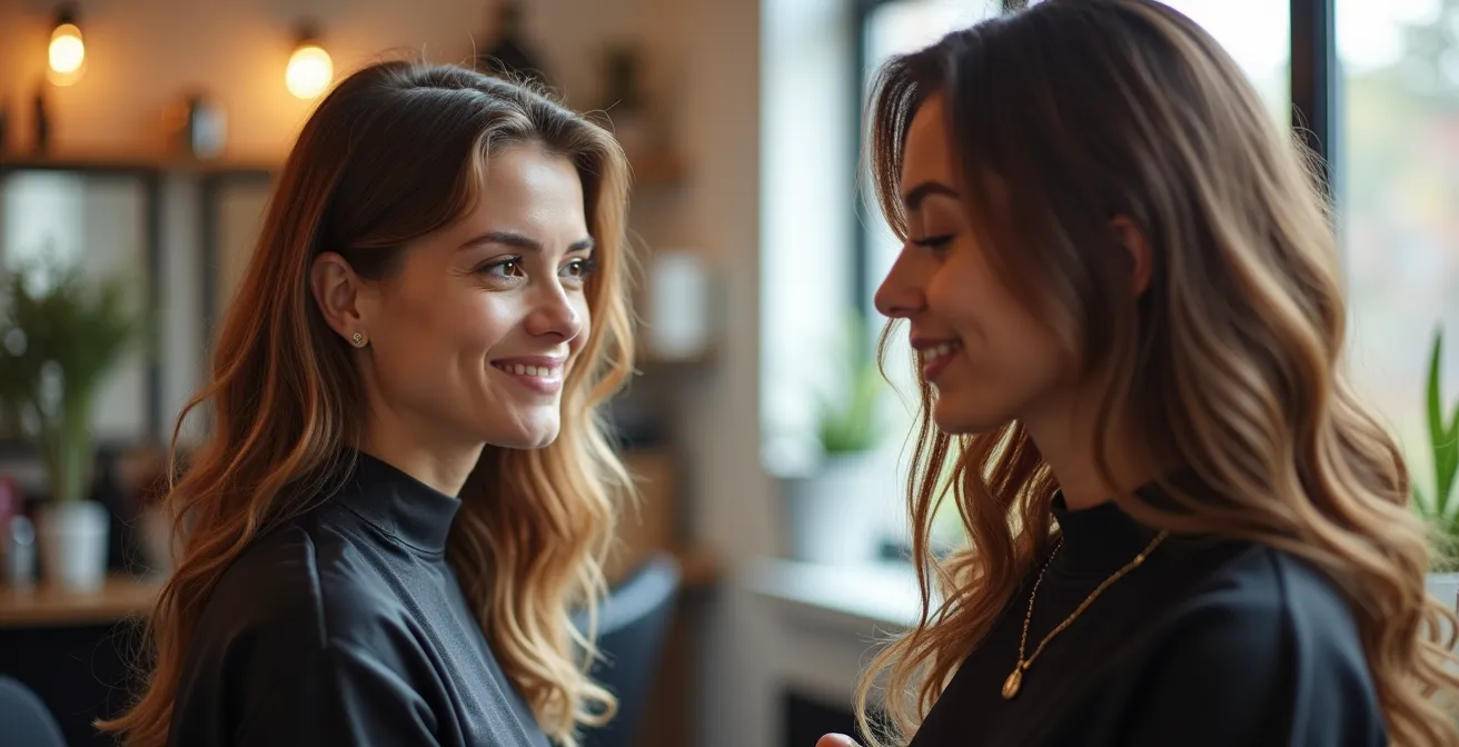 Coiffeur et cliente en pleine consultation créative dans un salon lumineux avec éclairage naturel et détails précis des cheveux