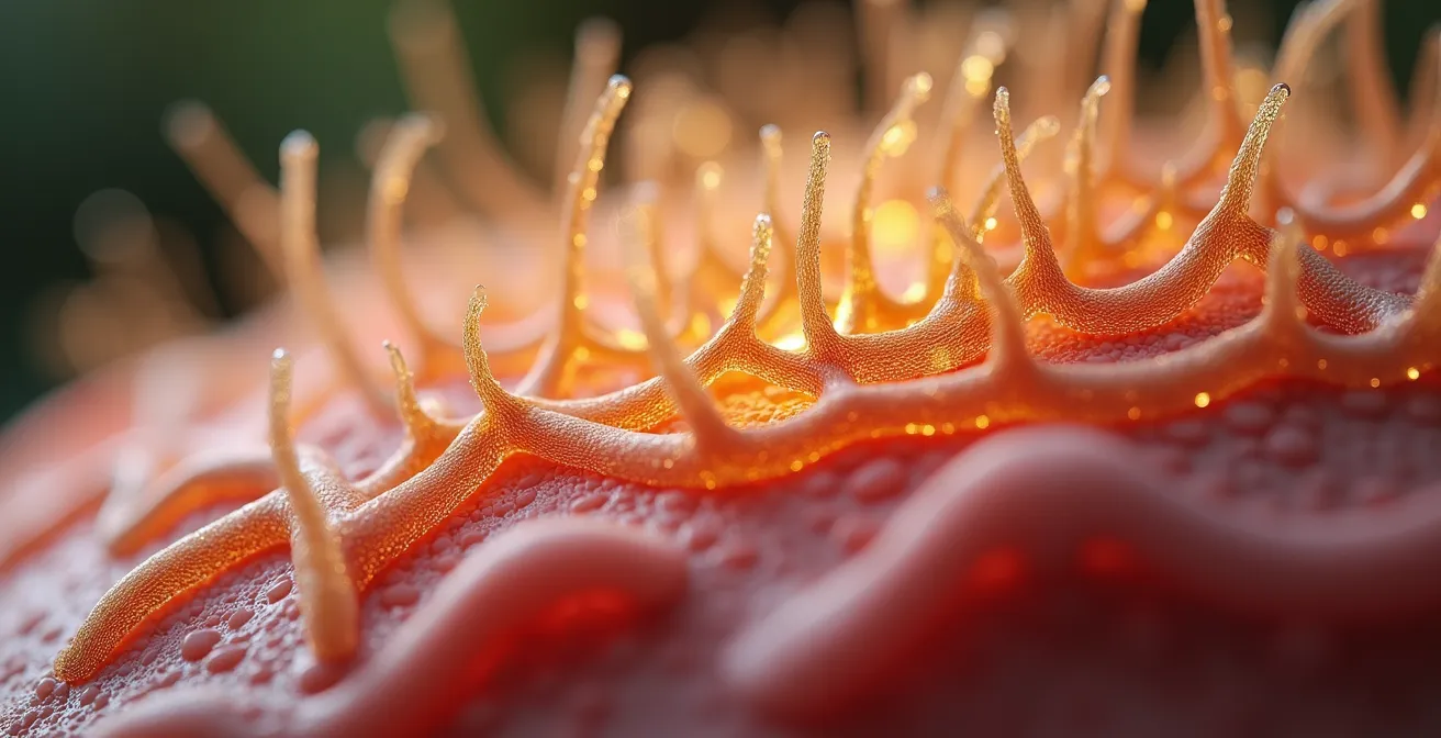 Gros plan sur la structure détaillée d'un cuir chevelu sain avec microbiome équilibré visible