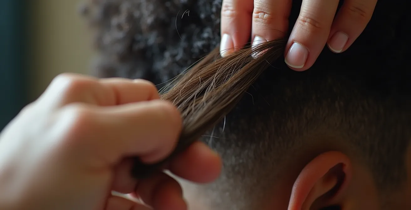 Gros plan sur les textures naturelles des cheveux lors d'une coupe professionnelle, avec lumière douce et profondeur de champ réduite