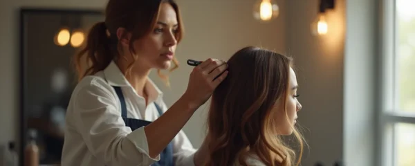 Portrait d'un coiffeur expert créant un style capillaire personnalisé avec éclairage cinématographique, textures fines et bokeh naturel dans un salon moderne