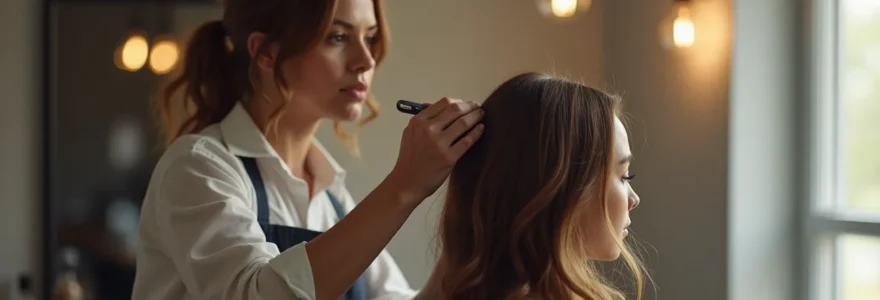 Portrait d'un coiffeur expert créant un style capillaire personnalisé avec éclairage cinématographique, textures fines et bokeh naturel dans un salon moderne