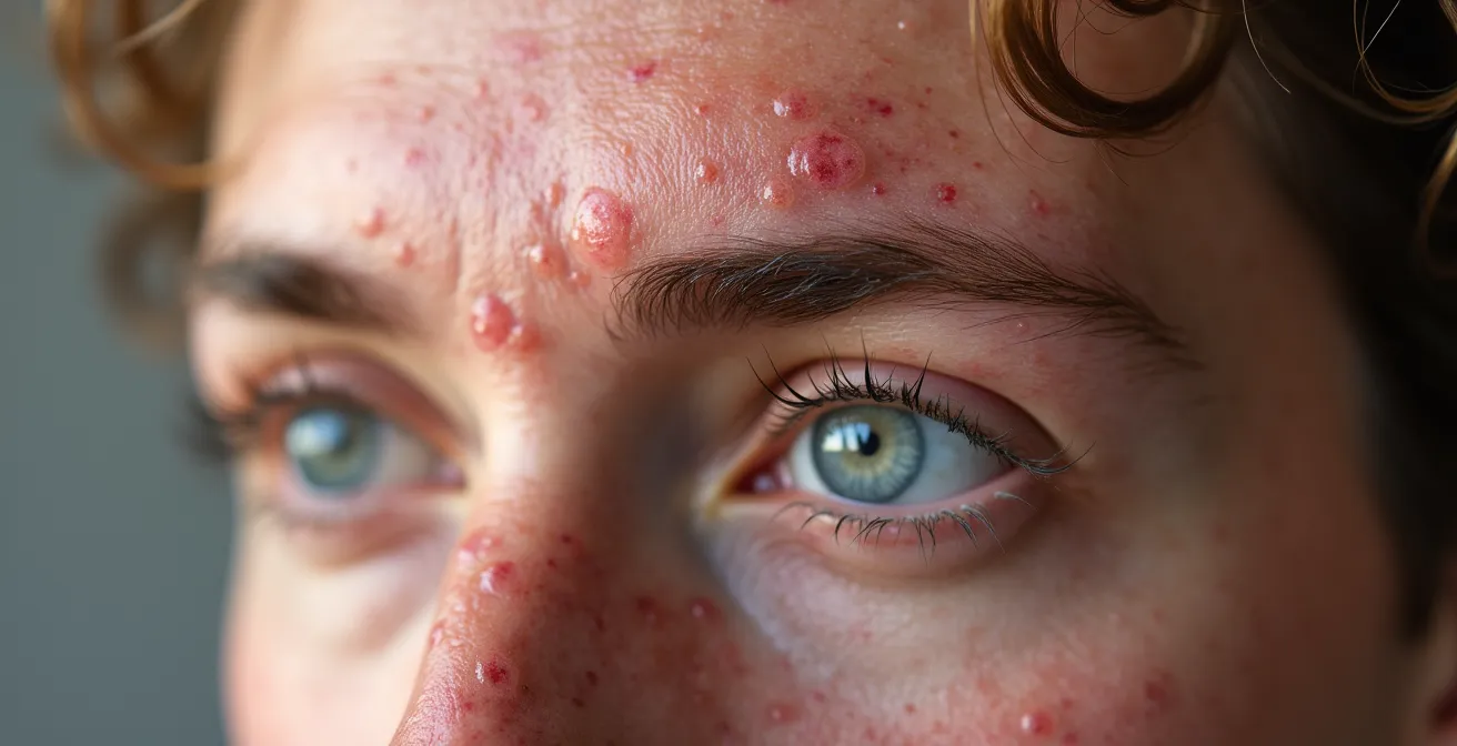 Gros plan sur la texture de la peau du front avec irritations