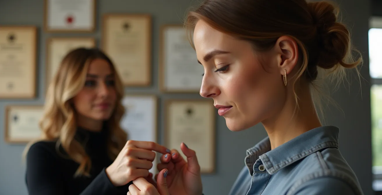 Axe Humain & Émotionnel : Portrait d'une coiffeuse experte analysant les cheveux d'une cliente avec attention