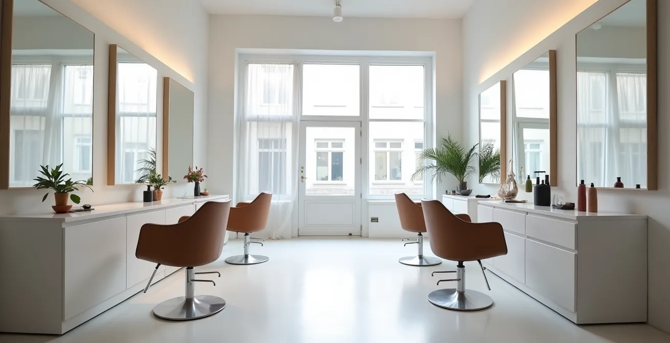 Axe Environnemental & Minimaliste : Vue large d'un salon de coiffure contemporain avec architecture typique lilloise