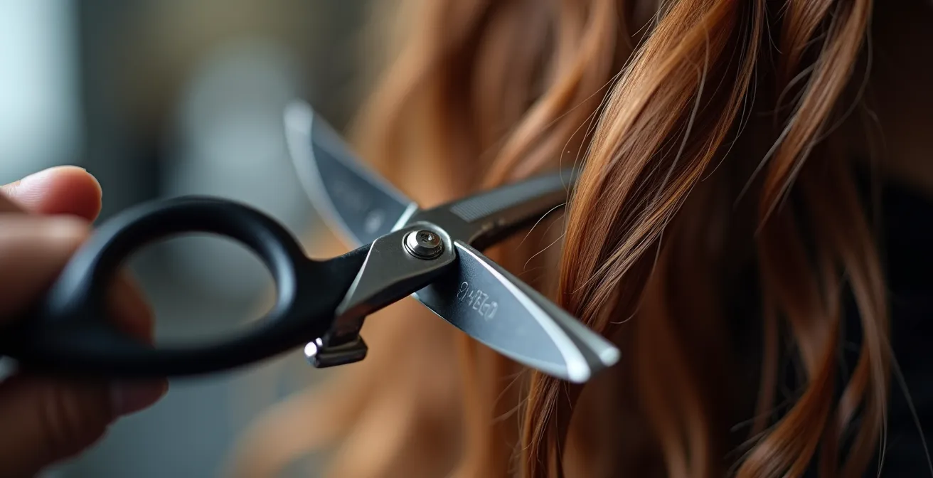 Axe Macro & Textural : Gros plan sur des ciseaux professionnels sculpteurs travaillant sur des cheveux bouclés